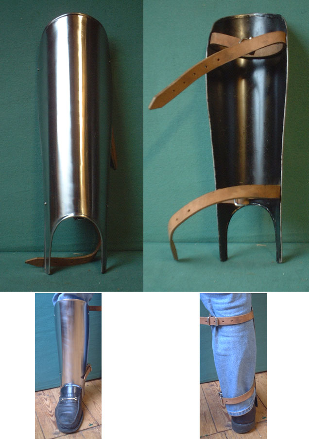 Steel greaves for protection of leg fronts