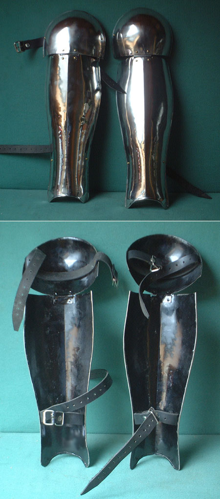 Steel greaves to protect leg fronts + knee caps, ocreae